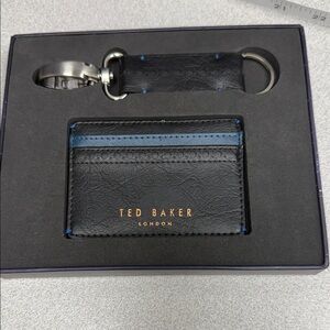 Ted Baker Black Card Holder and Keychain Set with Blue Accents